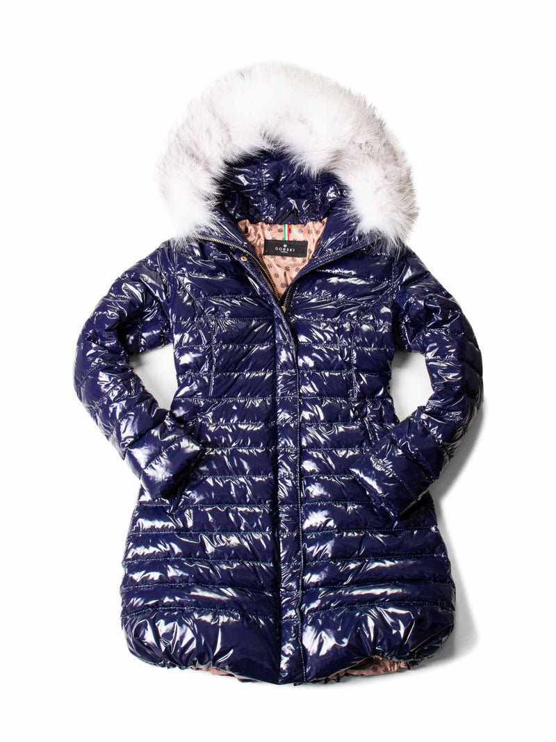 Gorski Shiny Quilted Puffer Coat with Fox Hood Blue-designer resale