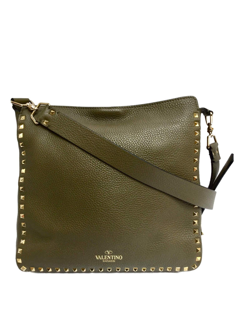 Green Pebbled Leather Rockstud Messenger Bag-designer resale