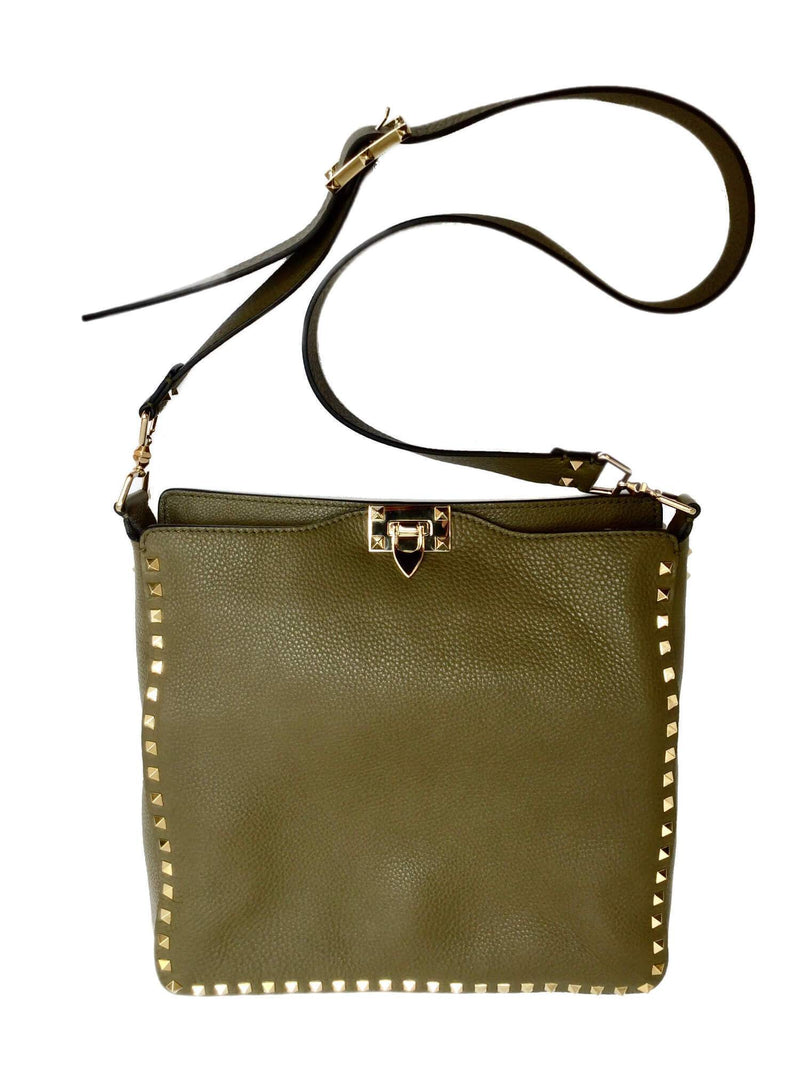 Green Pebbled Leather Rockstud Messenger Bag-designer resale