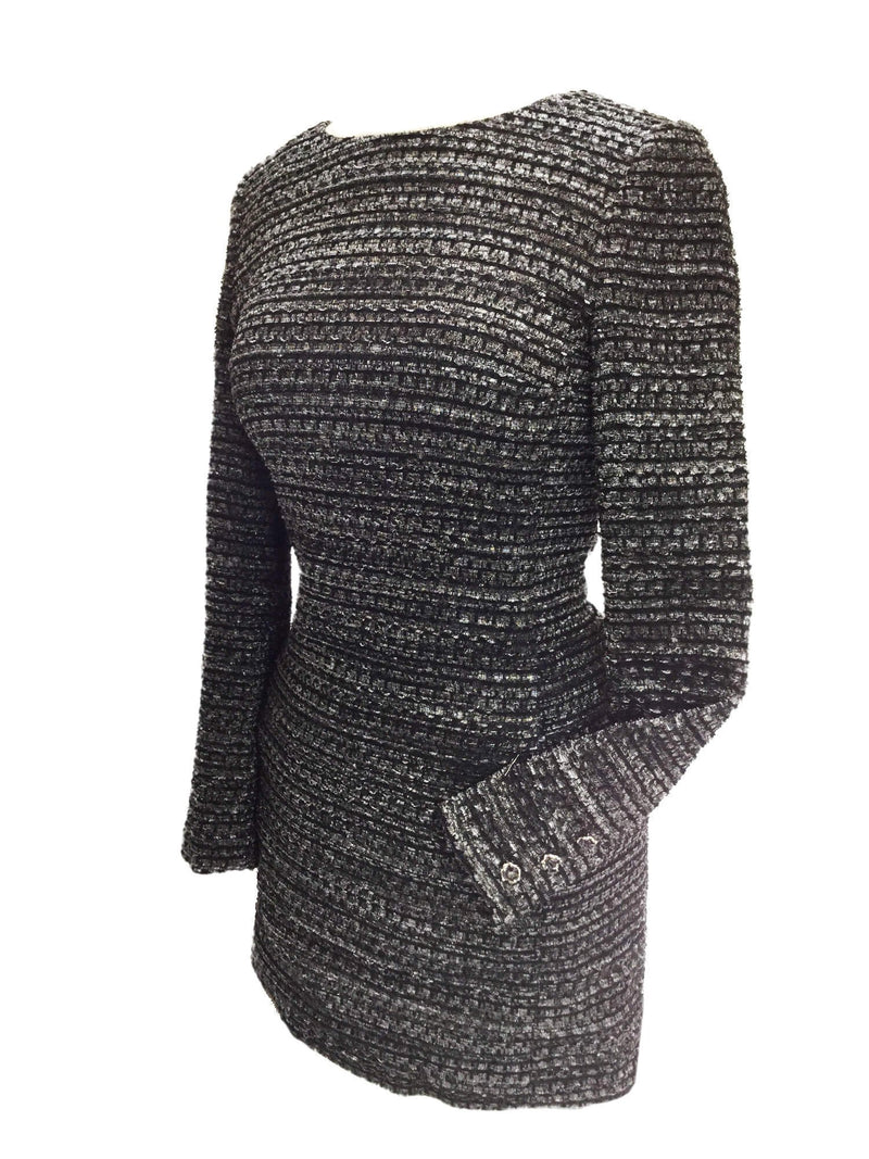 Grey Black Lesage Tweed Fringy Fitted Mini Dress-designer resale