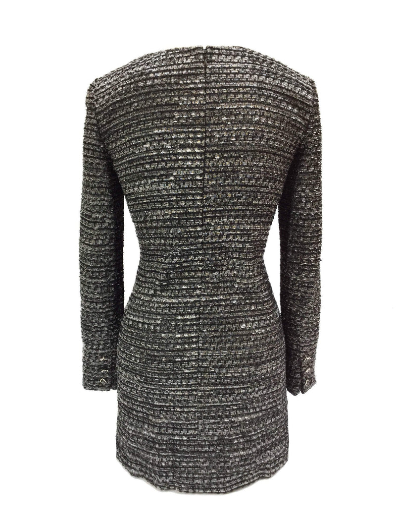 Grey Black Lesage Tweed Fringy Fitted Mini Dress-designer resale