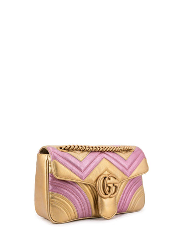 Gucci Chevron Quilted Leather Marmont Medium Flap Messenger Bag Pink Gold-designer resale