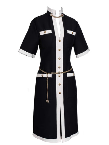 Gucci Contrast Trim Button Down Fitted Dress Black White-designer resale