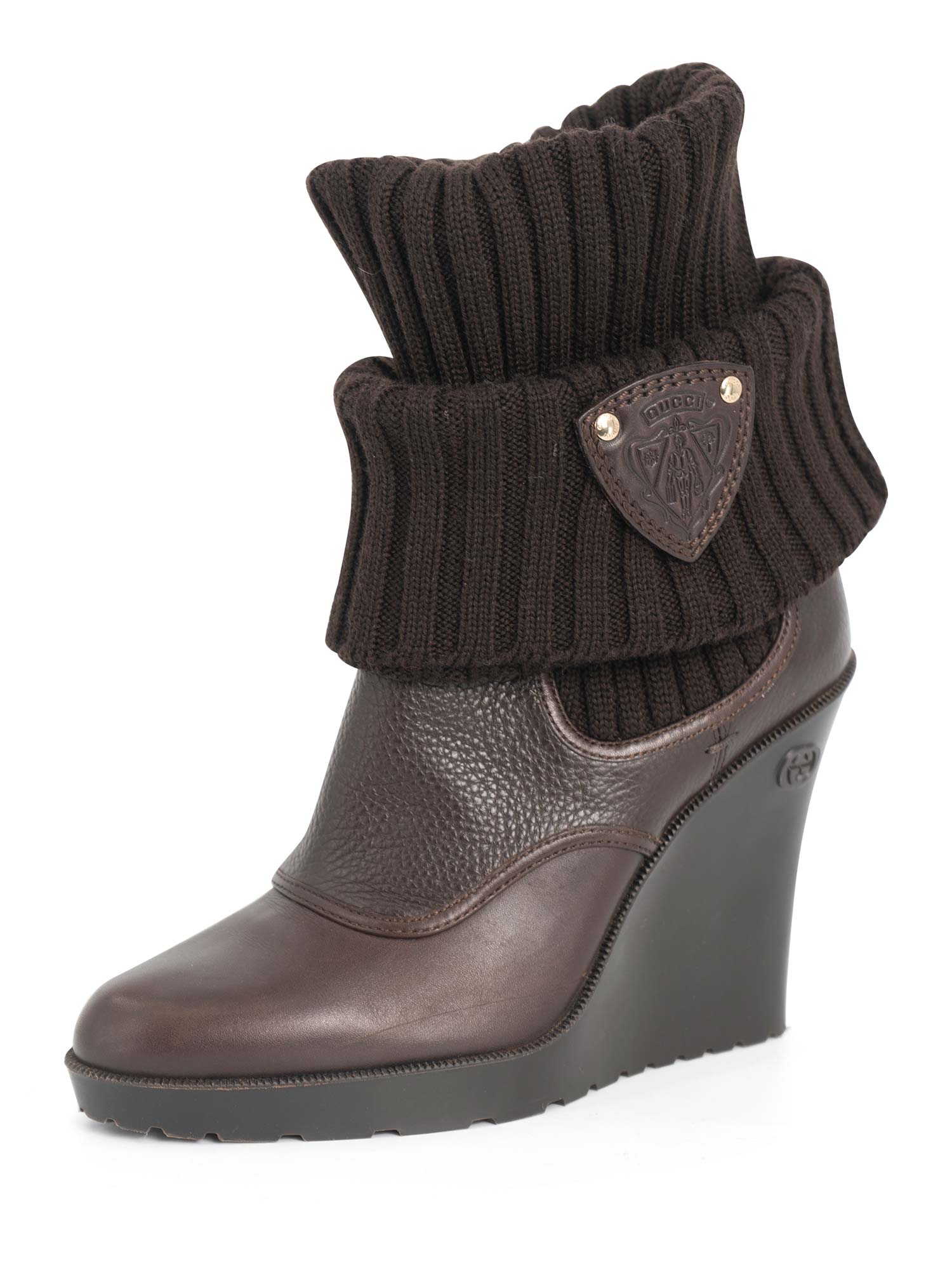 Gucci GG Logo Leather Knit Sock Wedge Boots Brown