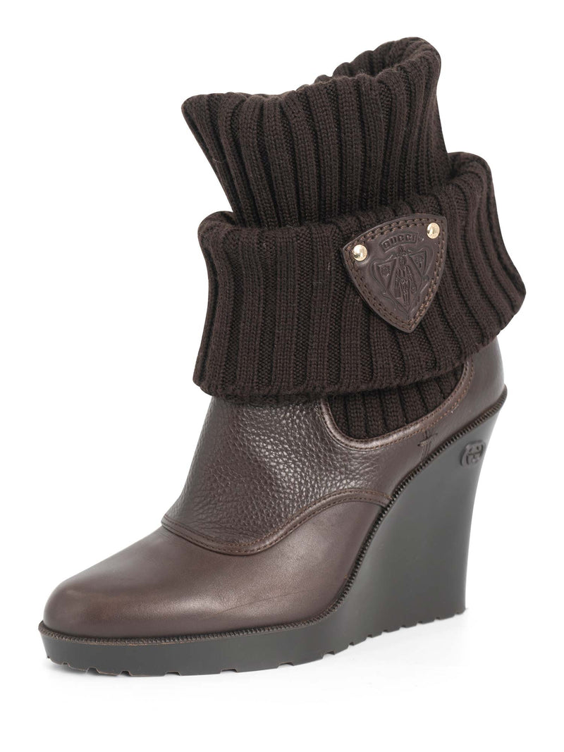 Gucci GG Logo Leather Knit Sock Wedge Boots Brown-designer resale