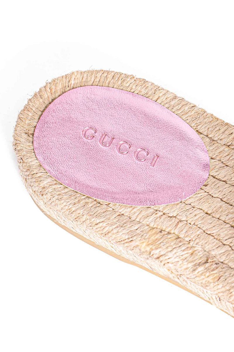 Gucci GG Marmont Metallic Leather Chevron Raffia Slides Pink-designer resale