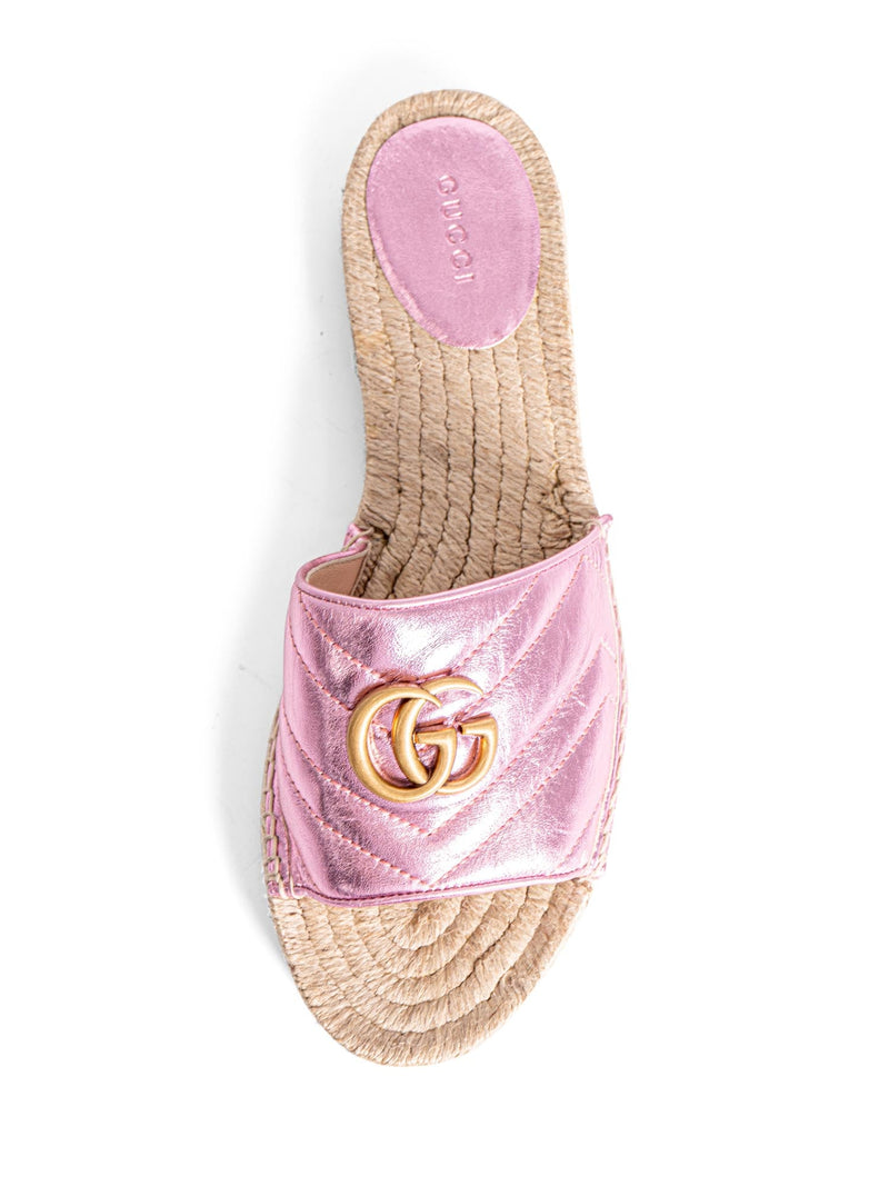 Gucci GG Marmont Metallic Leather Chevron Raffia Slides Pink-designer resale