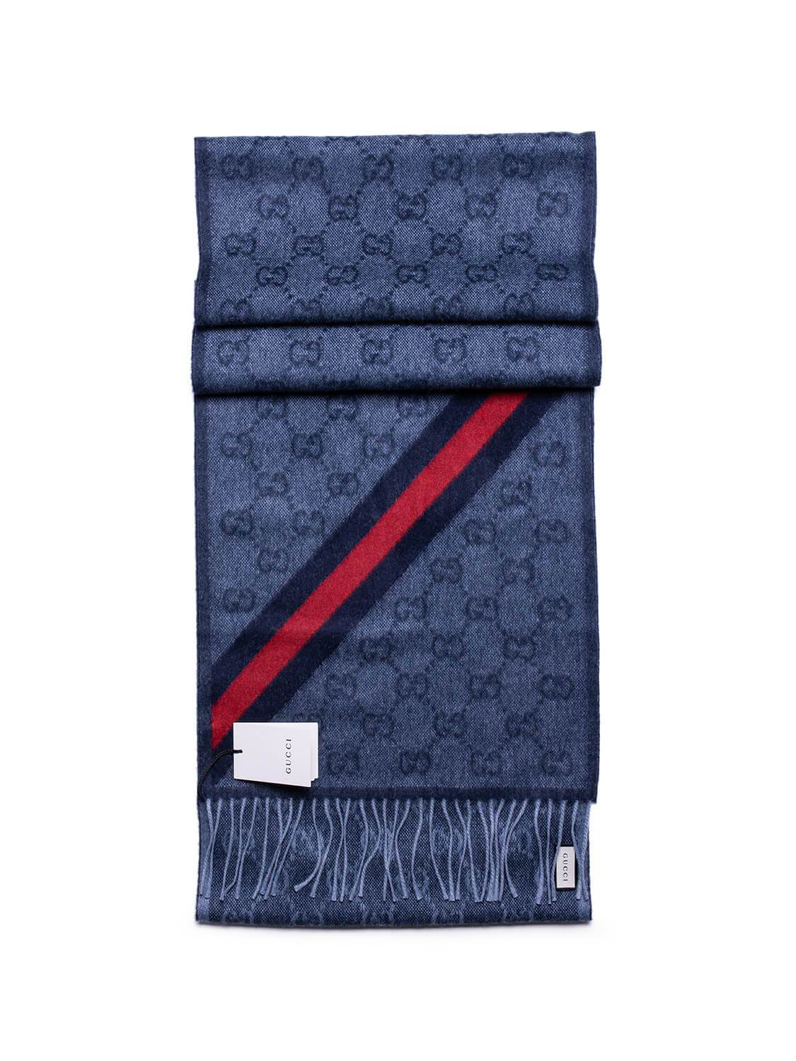 Gucci GG Supreme Wool Web Stripe Fringed Scarf Blue-designer resale