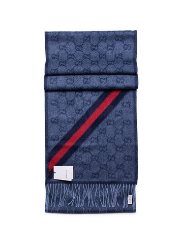 Gucci GG Supreme Wool Web Stripe Fringed Scarf Blue-designer resale