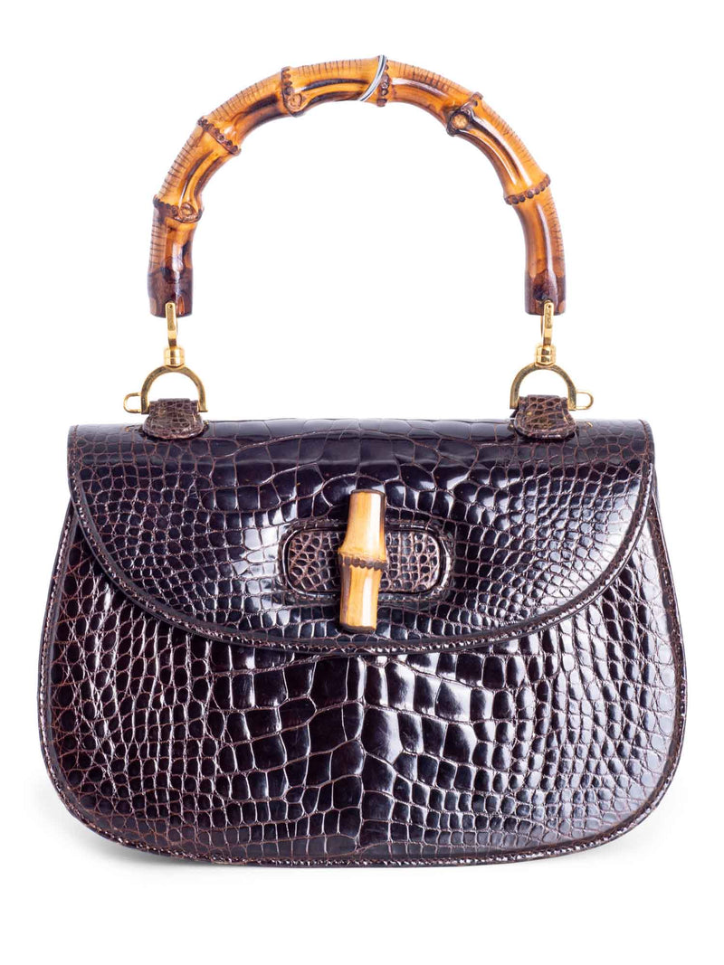 Gucci Genuine Crocodile Bamboo Top Handle Bag Brown-designer resale