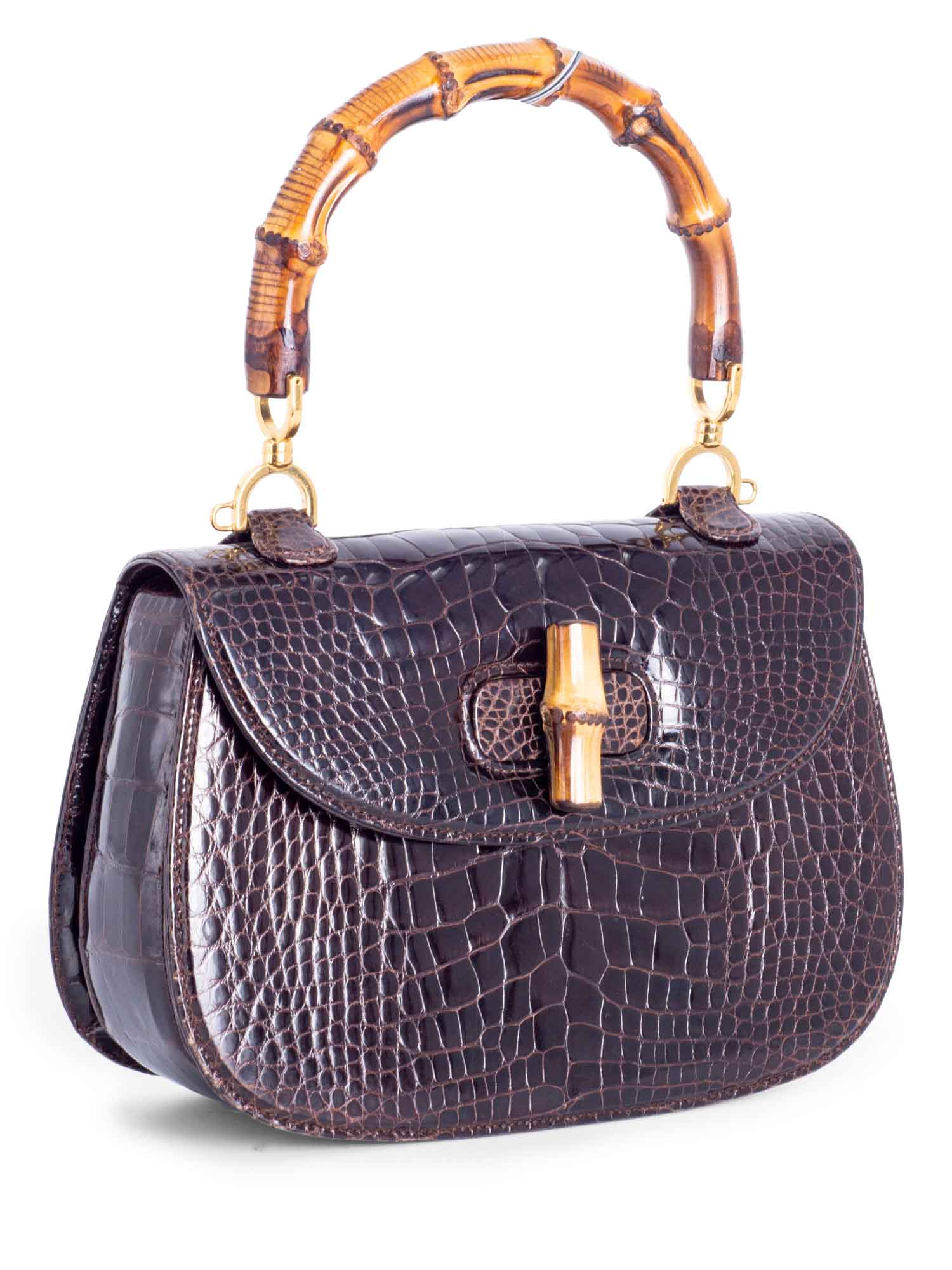 Gucci Genuine Crocodile Bamboo Top Handle Bag Brown-designer resale