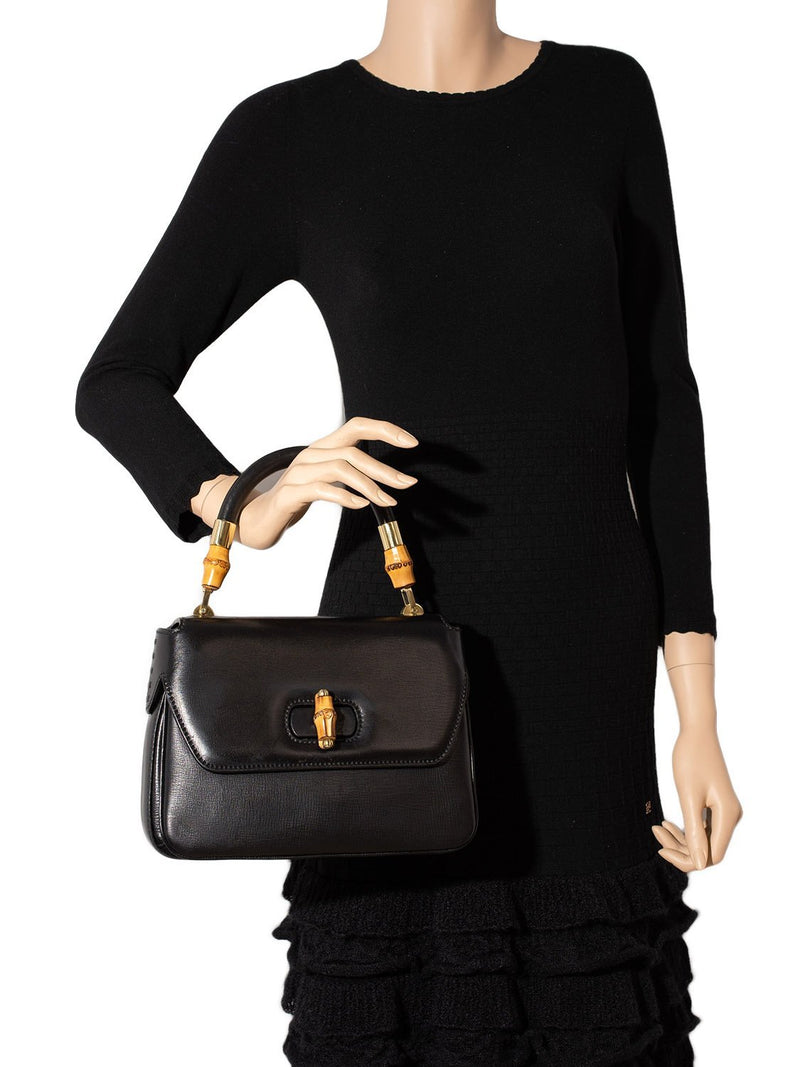 Gucci Leather Bamboo Top Handle Bag Black-designer resale