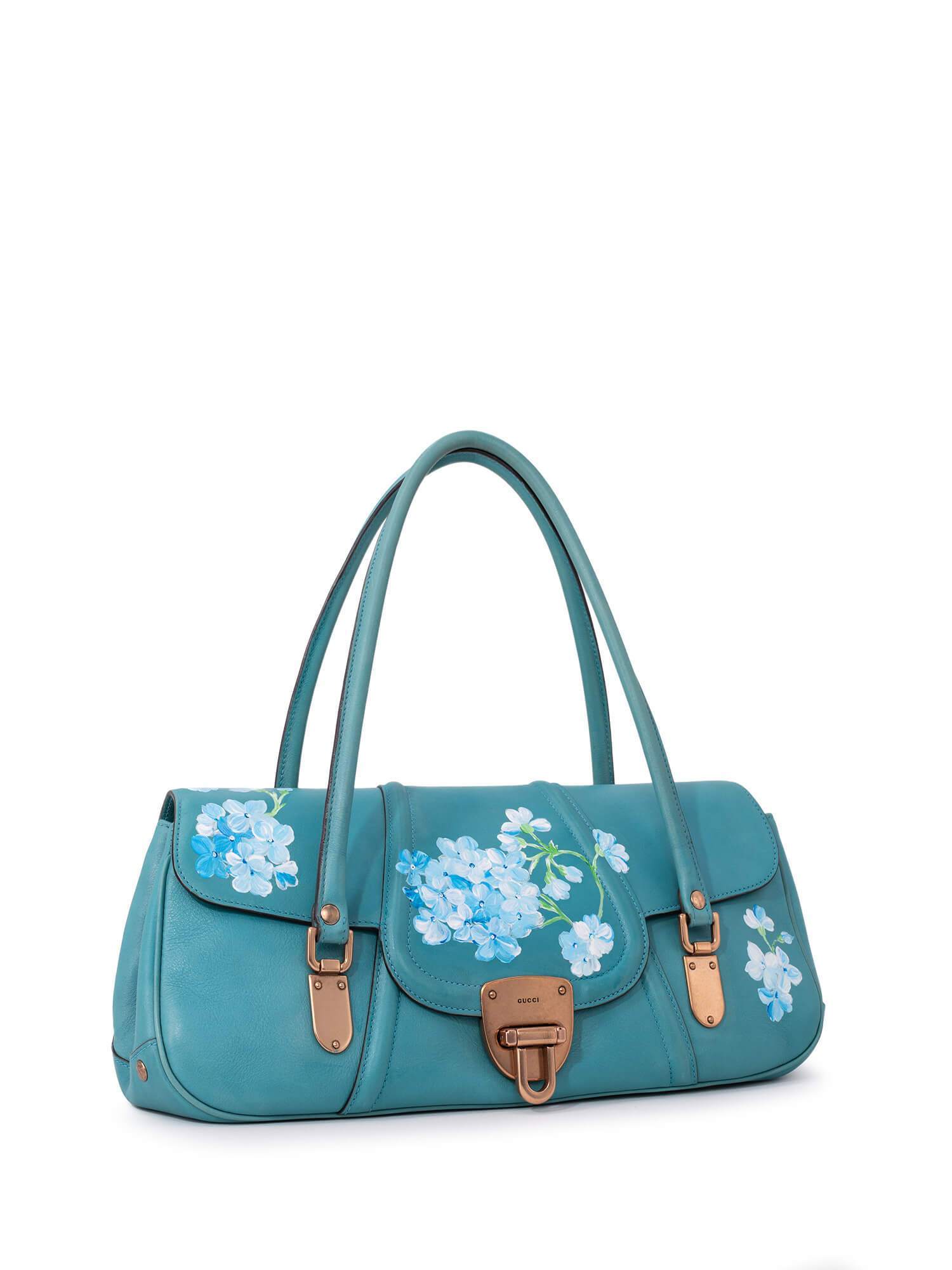 Gucci Leather Blooms Hand Painted Shoulder Bag Blue-designer resale
