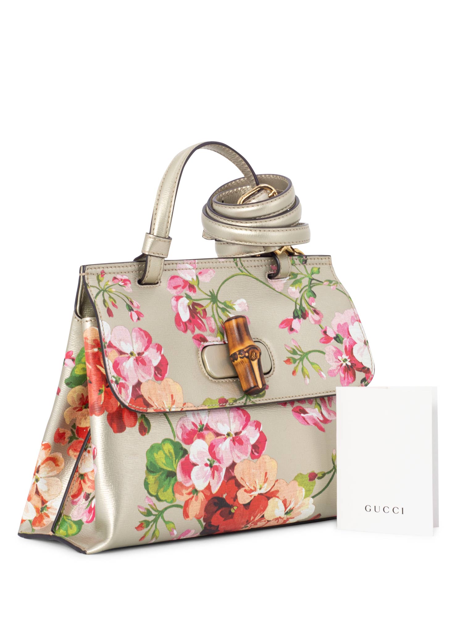 Gucci Leather Blooms Hydrangea Top Handle Bag Gold Pink-designer resale