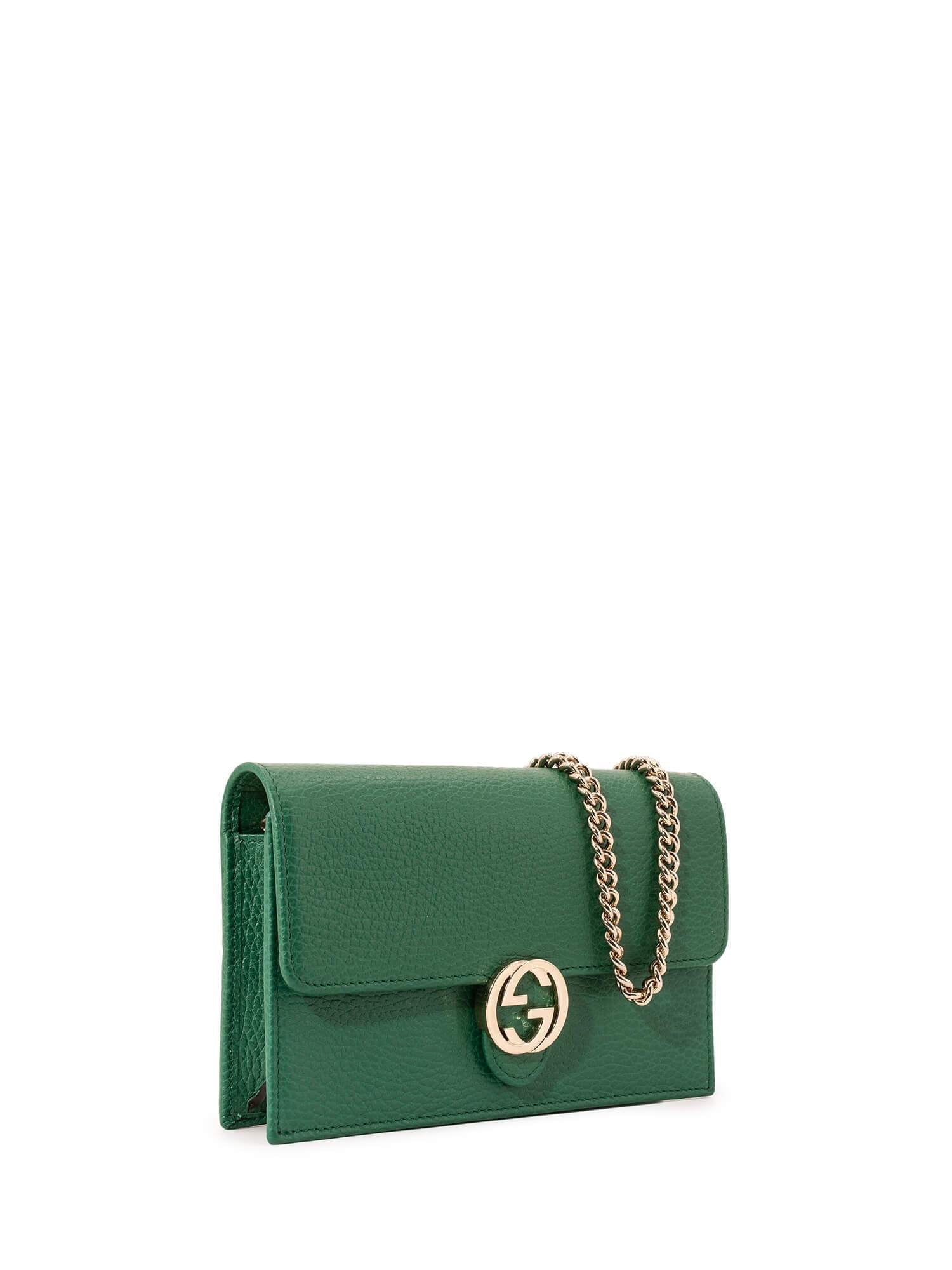 Gucci Leather GG Logo Flap Wallet On Chain Green-designer resale