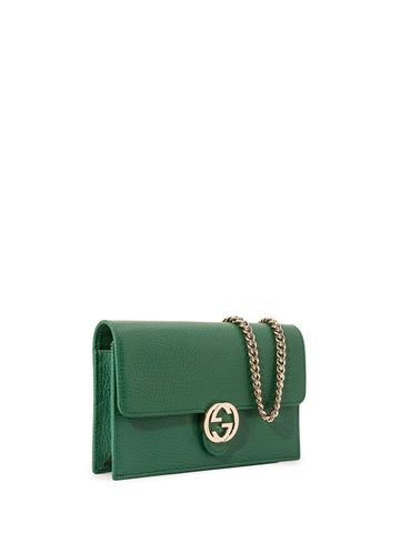 Gucci Leather GG Logo Flap Wallet On Chain Green-designer resale