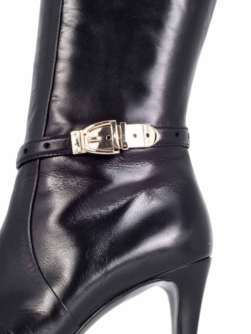 Gucci Leather Gold Buckle Knee High Leather Boots Black-designer resale