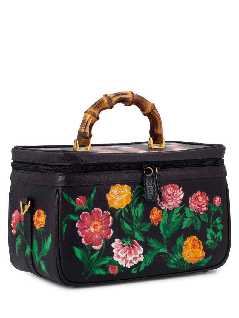 Gucci Leather Hand Painted Bamboo Top Handle Vanity Trunk Bag Black-designer resale