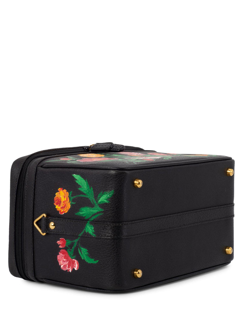Gucci Leather Hand Painted Bamboo Top Handle Vanity Trunk Bag Black-designer resale