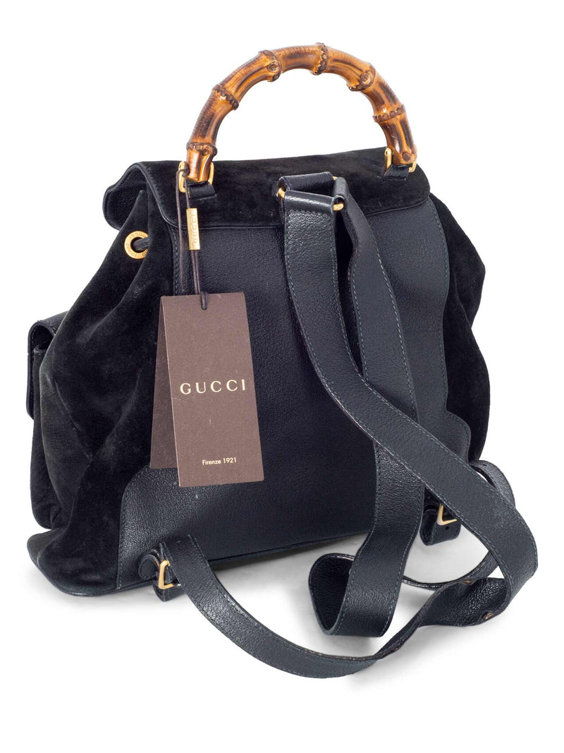 Gucci Leather Suede Bamboo Medium Backpack Black-designer resale