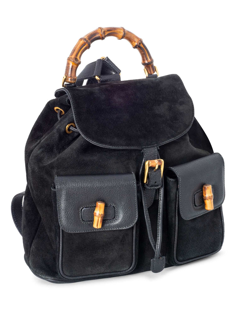 Gucci Leather Suede Bamboo Medium Backpack Black-designer resale