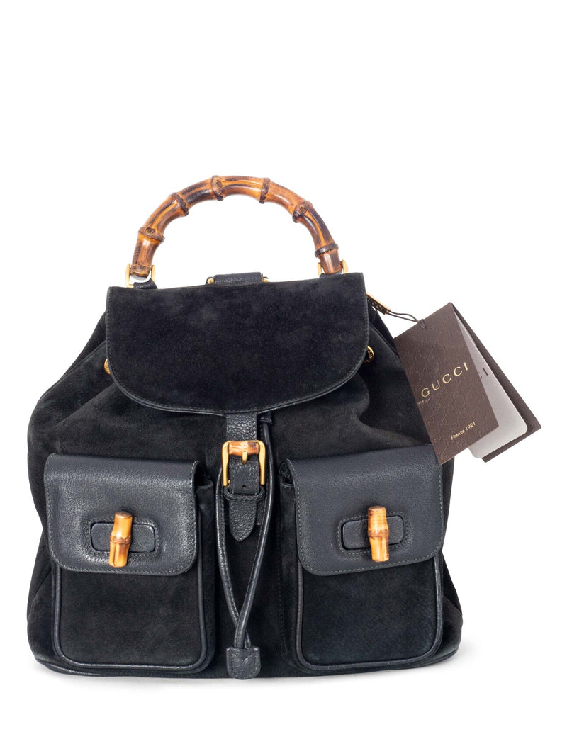 Gucci Leather Suede Bamboo Medium Backpack Black-designer resale