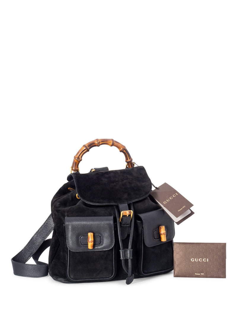 Gucci Leather Suede Bamboo Medium Backpack Black-designer resale