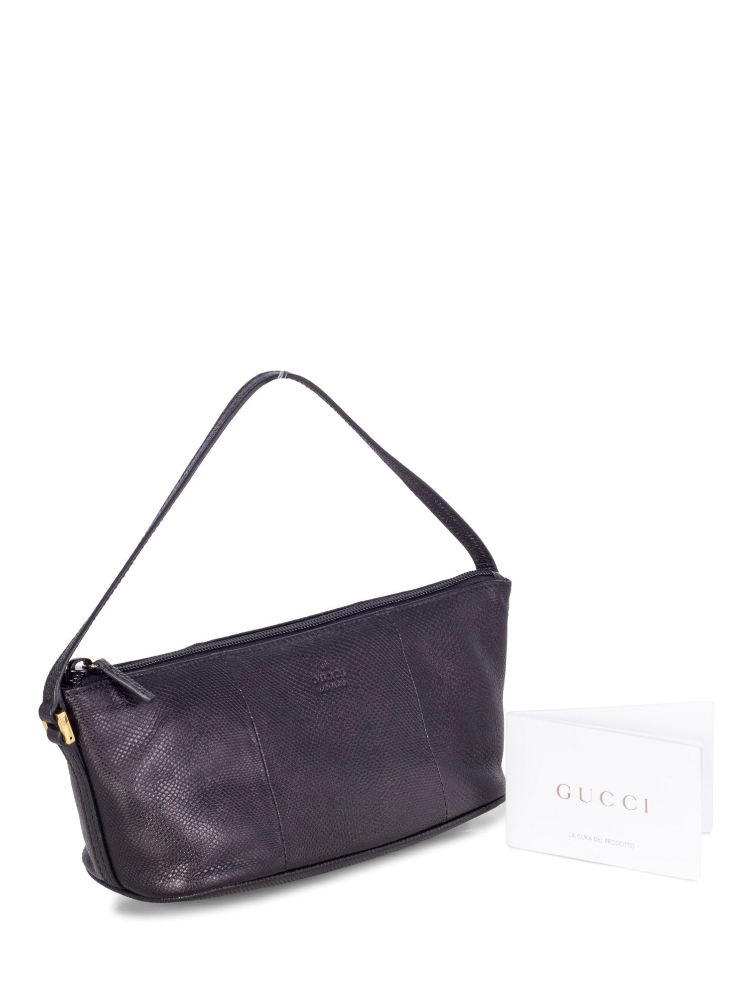 Gucci Lizard Embossed Leather Baguette Handbag Black-designer resale