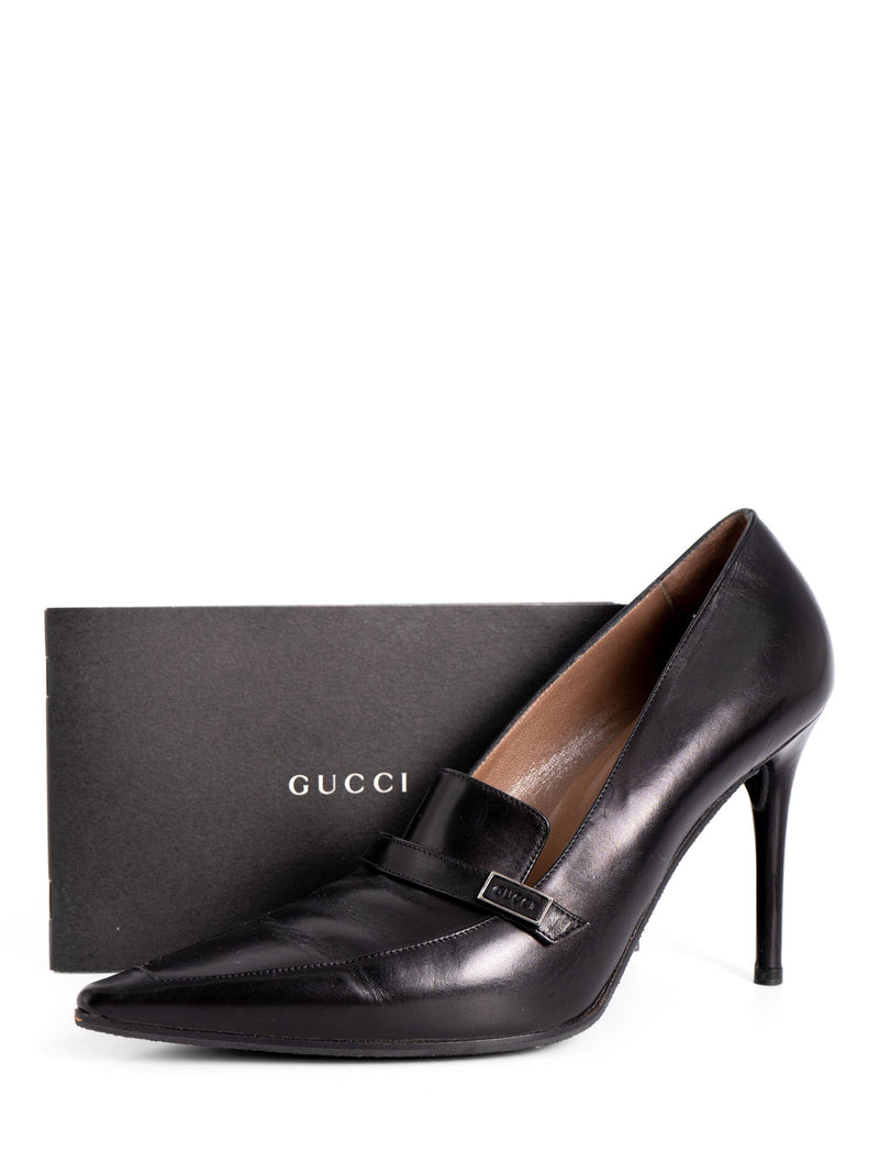 Gucci Logo Leather Pointed Toe Pumps Black-designer resale