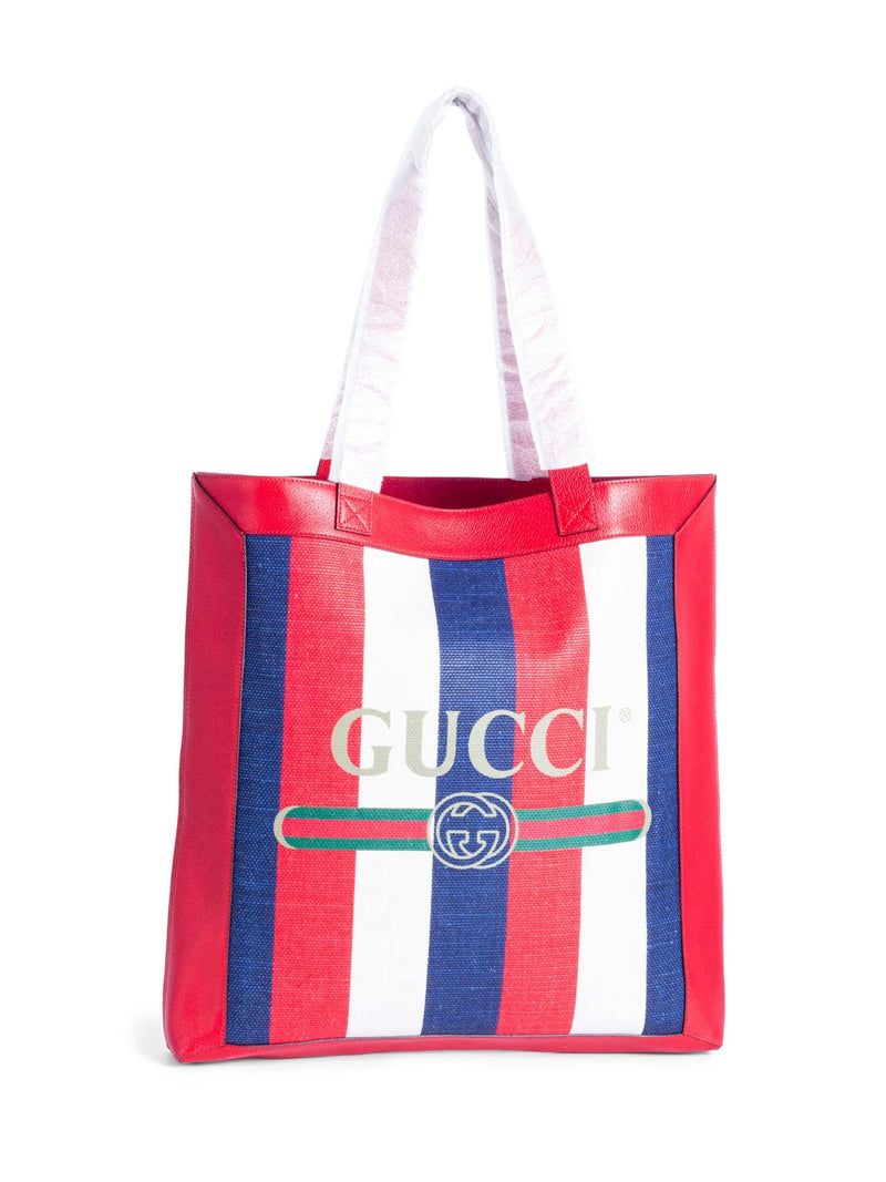 Gucci Logo Striped Leather Canvas Tote Bag Red White Blue