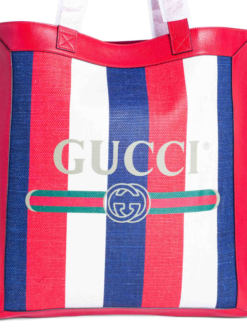 Gucci Logo Striped Leather Canvas Tote Bag Red White Blue