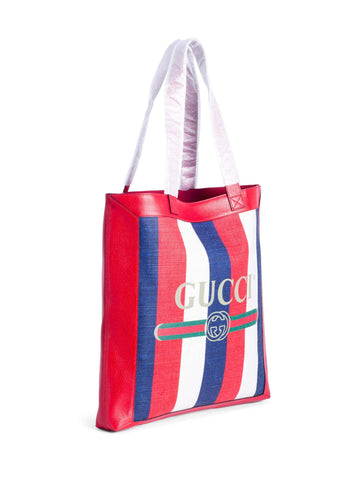 Gucci Logo Striped Leather Canvas Tote Bag Red White Blue-designer resale