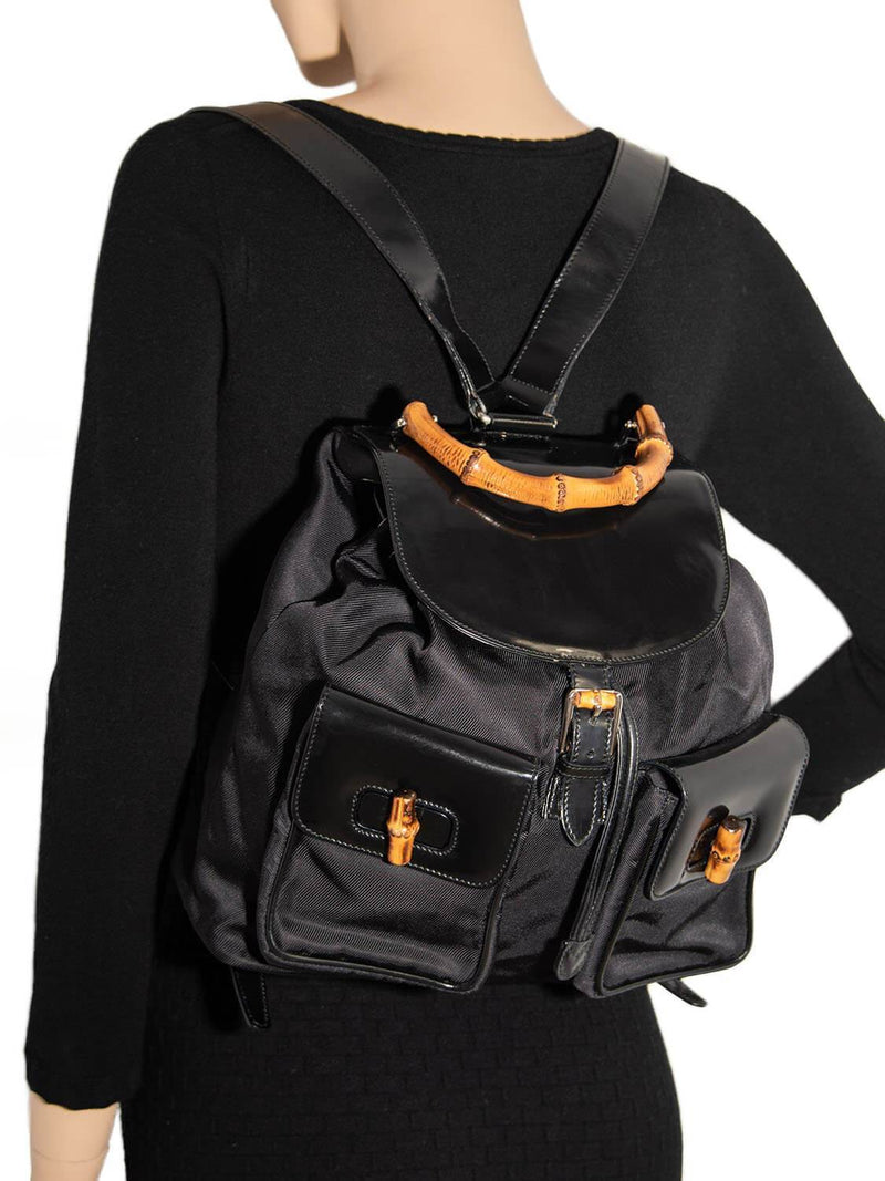 Gucci Patent Leather Bamboo Medium Backpack Black-designer resale