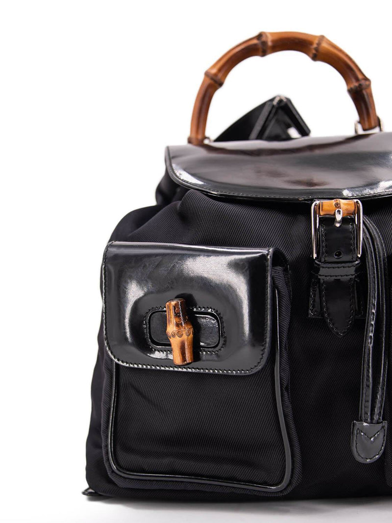 Gucci Patent Leather Bamboo Medium Backpack Black-designer resale