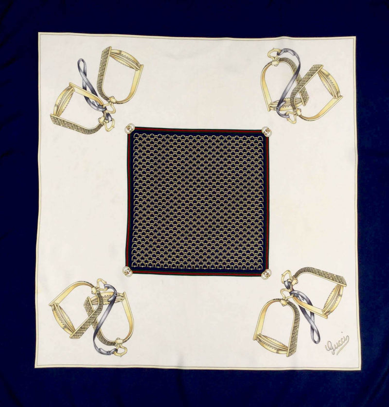 Gucci Silk Equestrian Blue Ivory Multicolor Scarf-designer resale