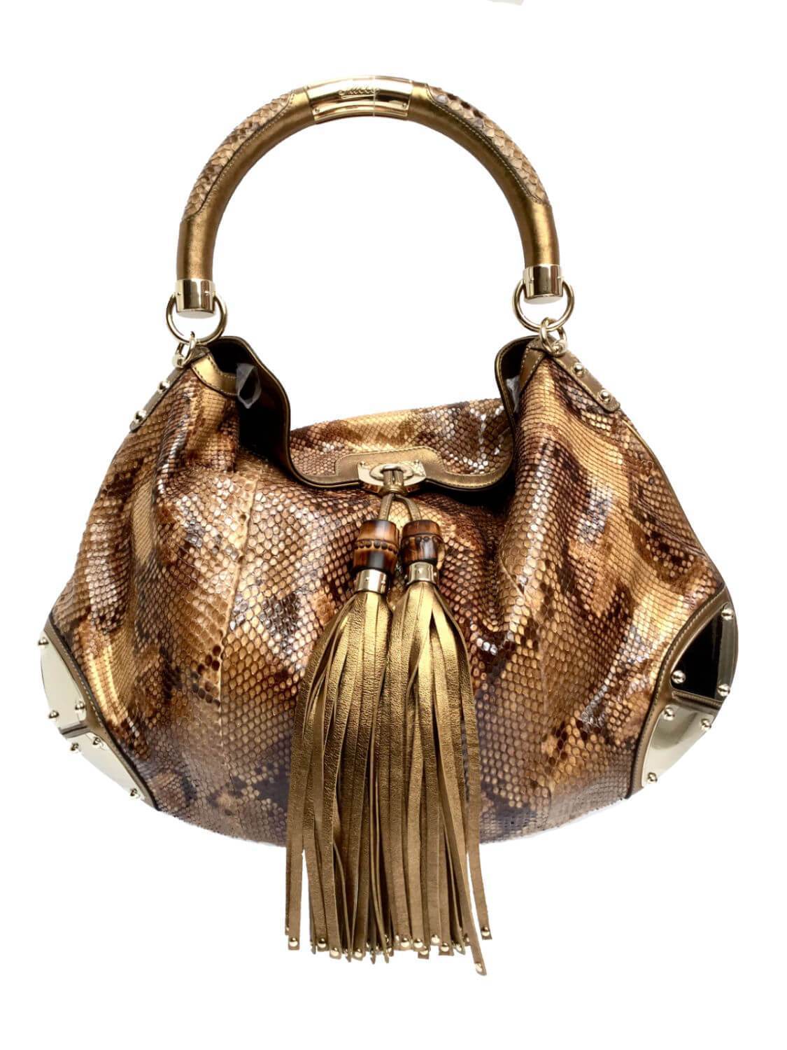 Gucci Snakeskin Medium Indy Top Handle Hobo Bag Gold-designer resale