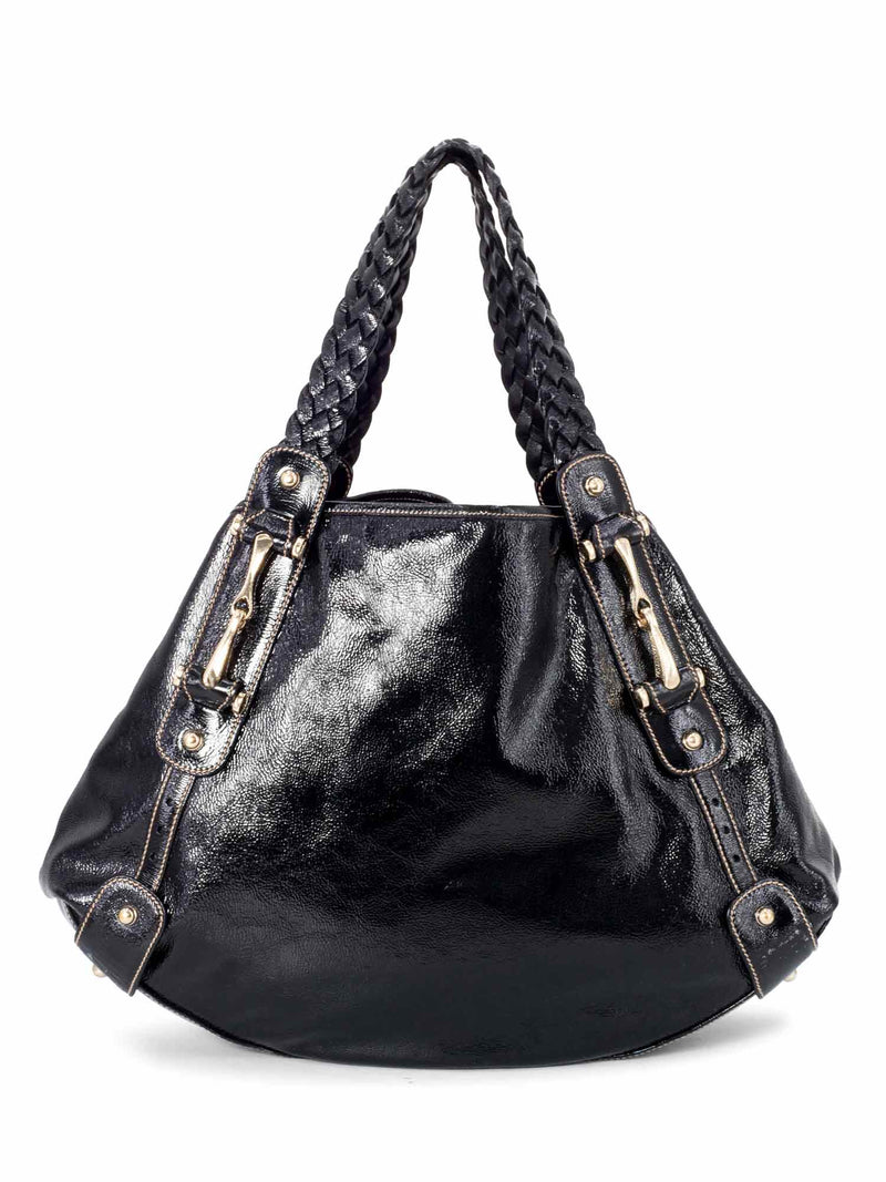 Gucci Soft Patent Leather Horsebit Shoulder Bag Black-designer resale