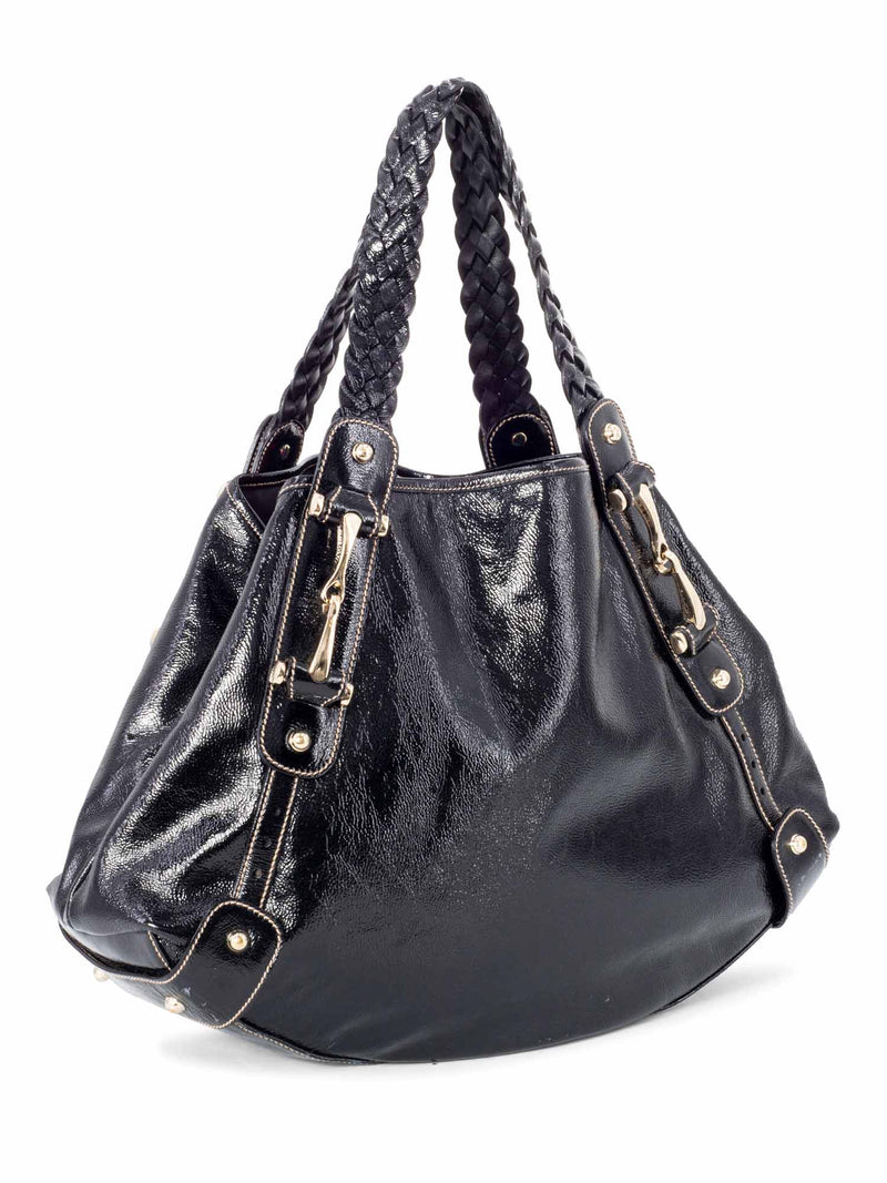 Gucci Soft Patent Leather Horsebit Shoulder Bag Black-designer resale