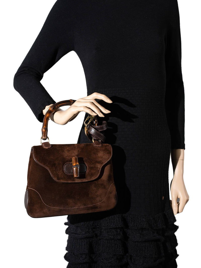 Gucci Suede Bamboo Top Handle Flap Bag Brown-designer resale