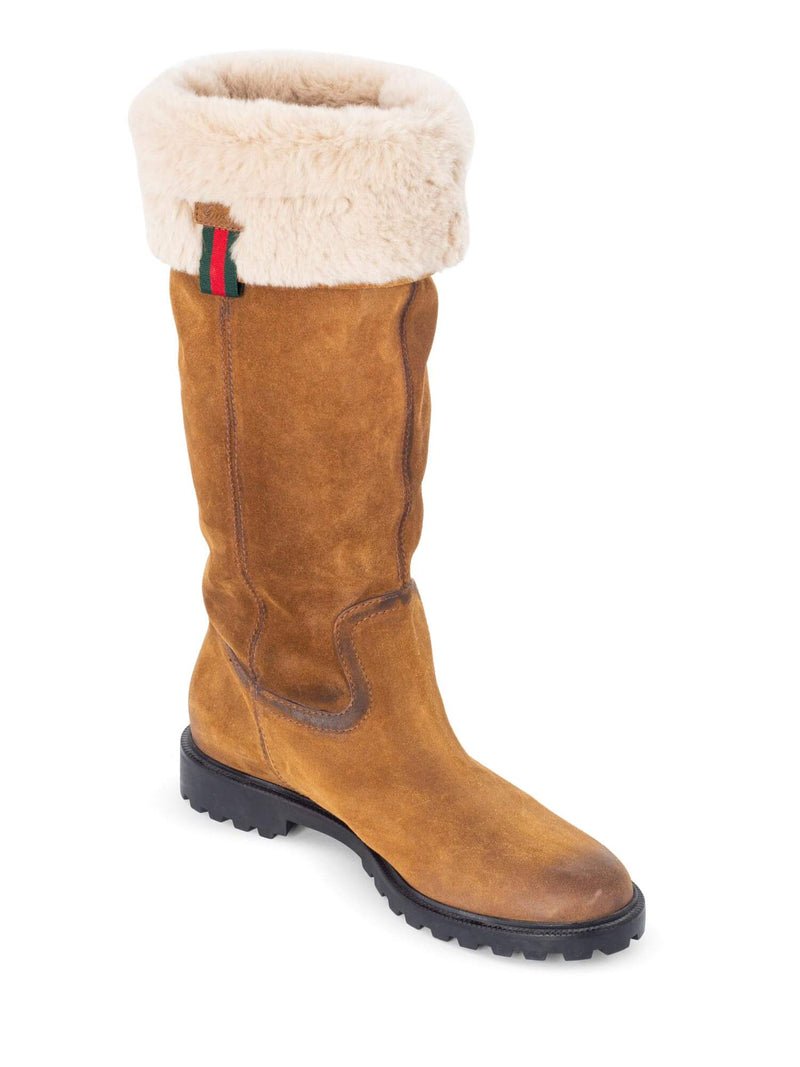 Gucci Suede Shearling Web Boots Brown-designer resale
