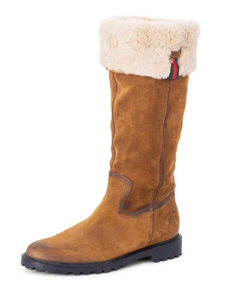 Gucci Suede Shearling Web Boots Brown-designer resale