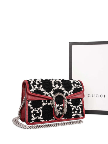 Gucci Tweed Monogram Dionysus Super Mini Flap Bag Black-designer resale
