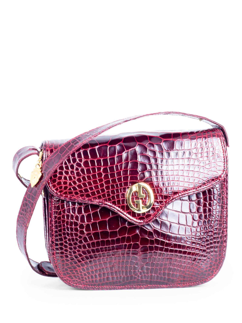 Gucci Vintage GG Shiny Crocodile Arli Flap Messenger Bag Burgundy-designer resale