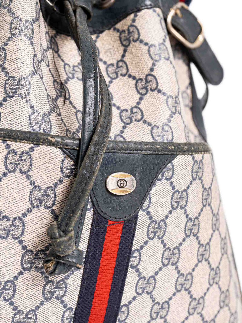 Gucci Vintage GG Supreme Web Stripe Boston Bucket Bag Blue