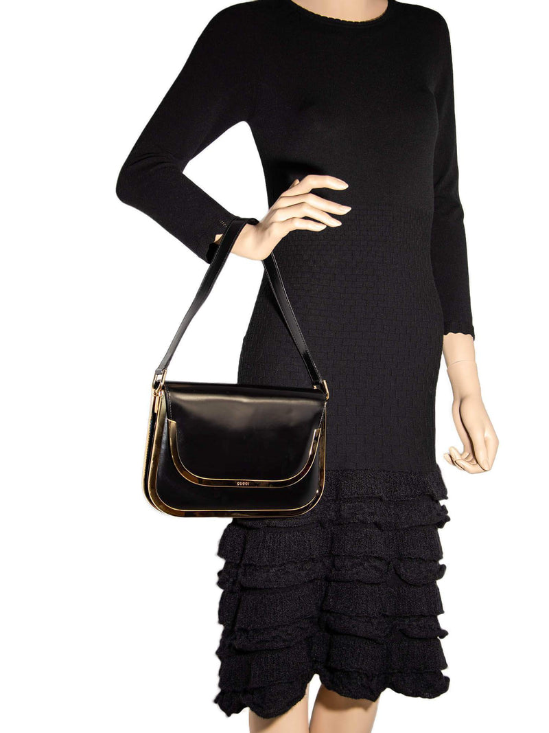 Gucci Vintage Leather Flap Shoulder Bag Black-designer resale