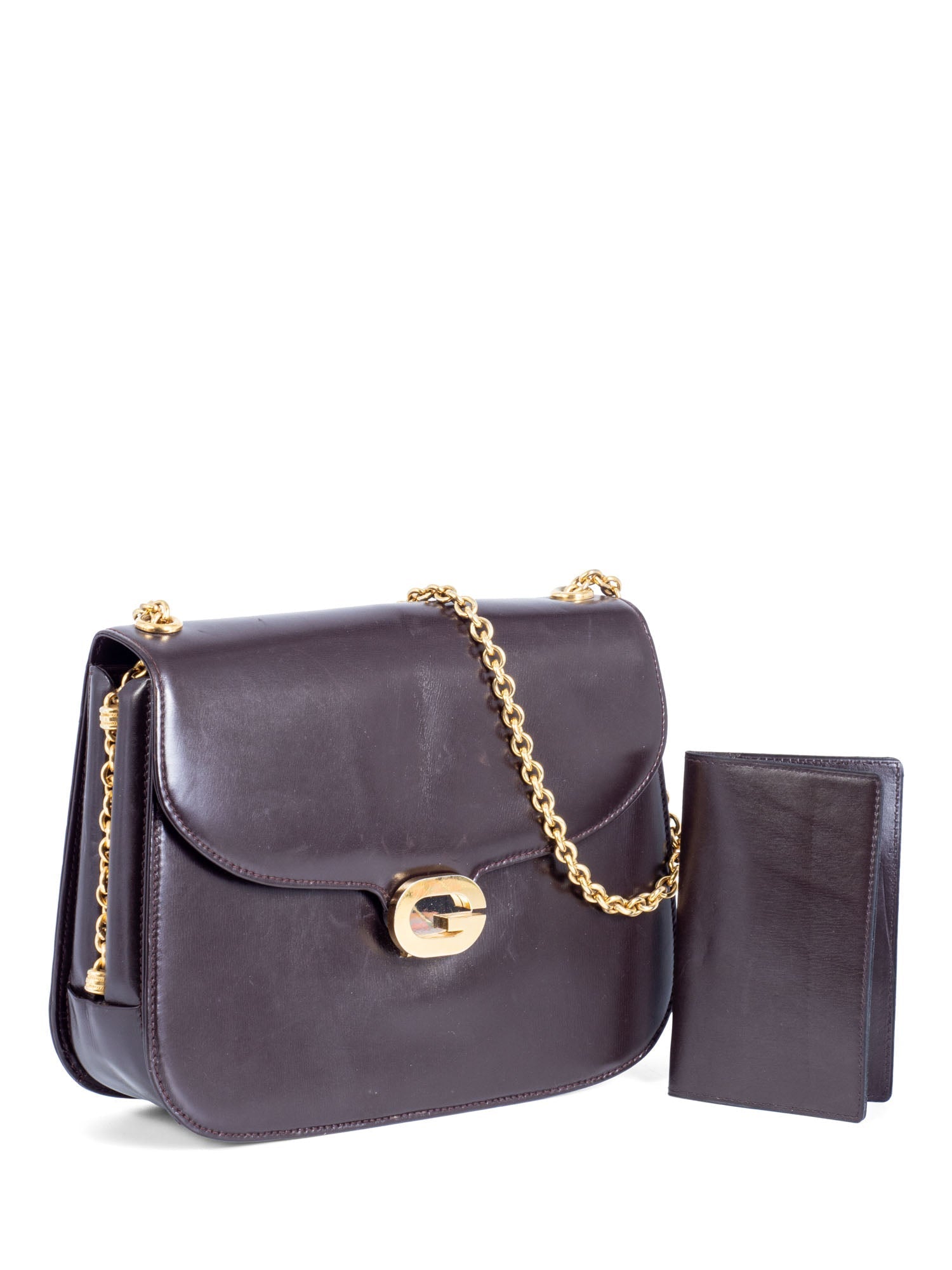 Gucci Vintage Leather Flap Shoulder Bag Wallet Set Brown-designer resale