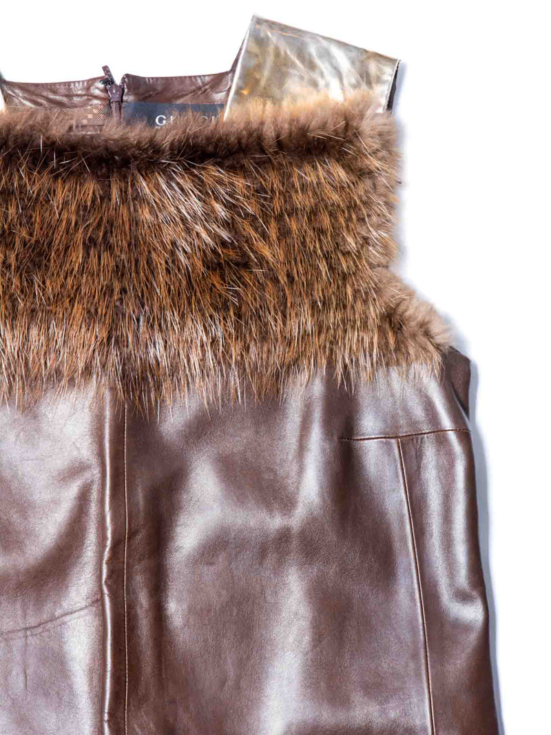 Gucci Leather Genuine Fur Mini Dress Brown Gold