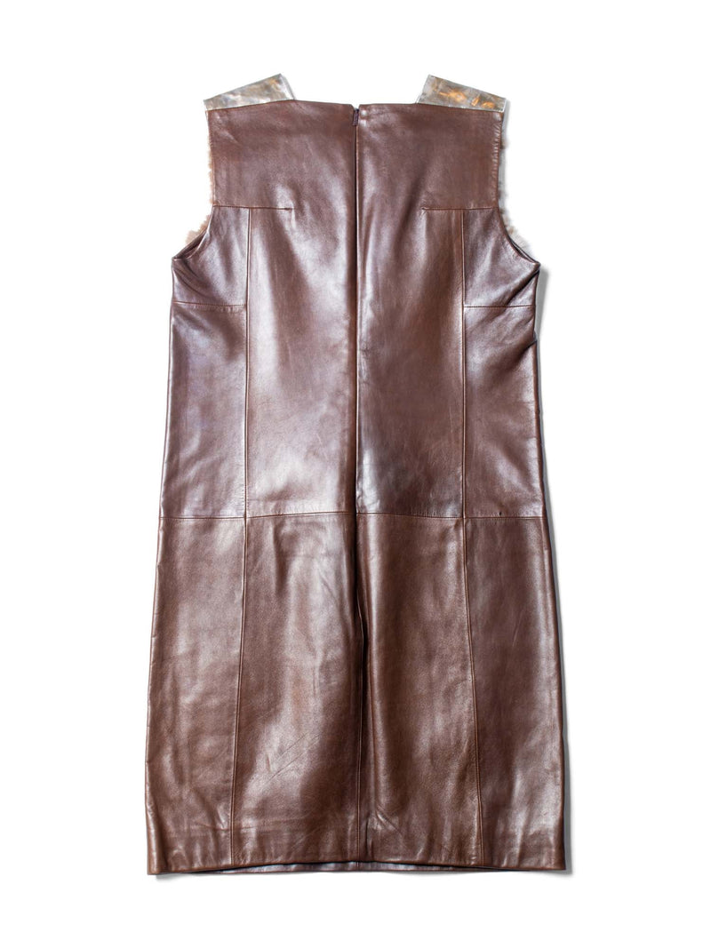 Gucci Vintage Leather Genuine Fur Mini Dress Brown Gold-designer resale