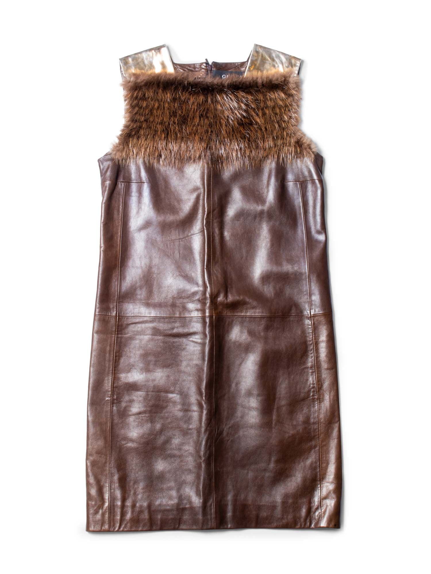 Gucci Vintage Leather Genuine Fur Mini Dress Brown Gold-designer resale