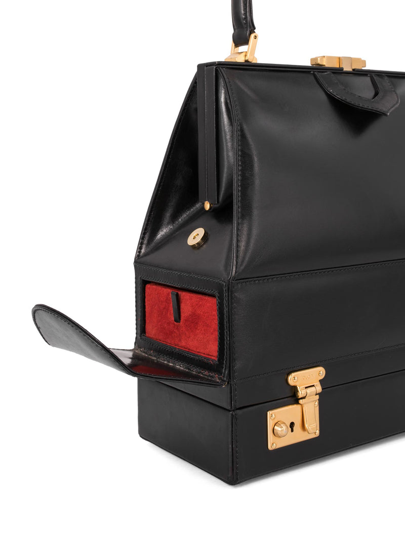 Gucci Vintage Leather Top Handle Drawers Structured Bag Black-designer resale